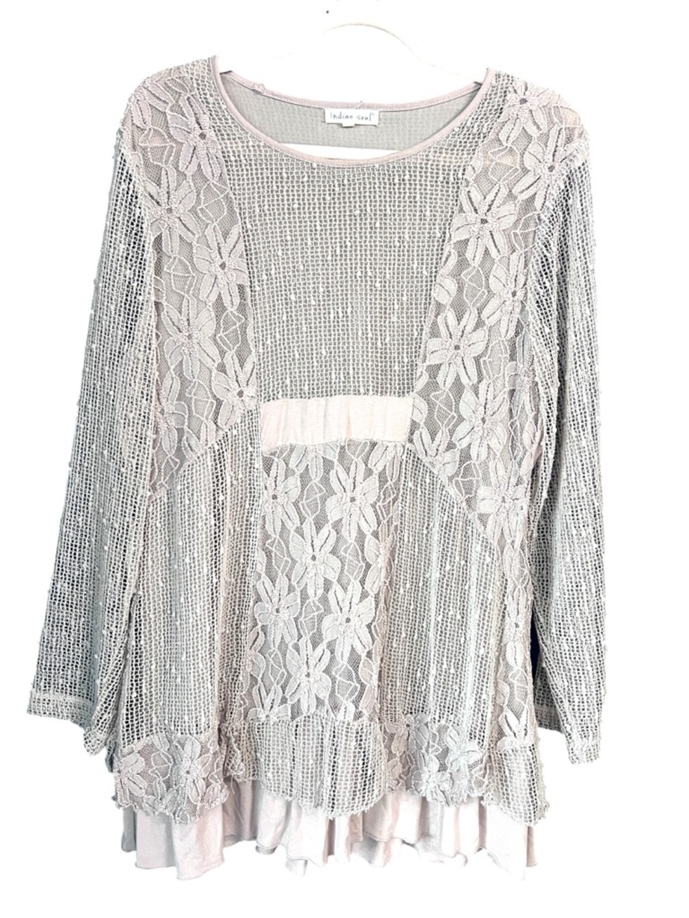 Indigo Soul L Boho Lace Knit Tunic Top Sequin Lagenlook Cottagecore Beige